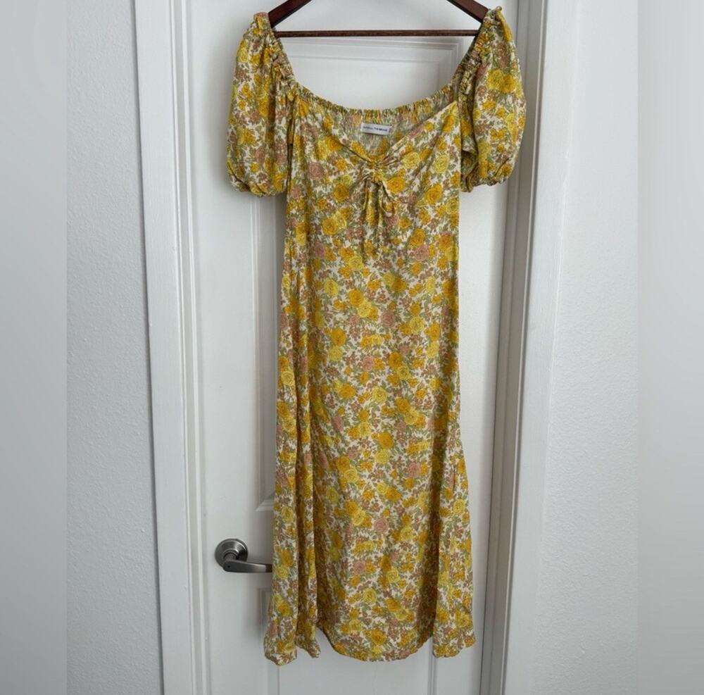 Faithfull the Brand Floral Yellow Dress Midi Square Neck Side Slit Dress